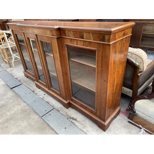 2591 - A VICTORIAN WALNUT BREAKFRONT FOUR DOOR BOOKCASE ON BRACKET FEET, 78