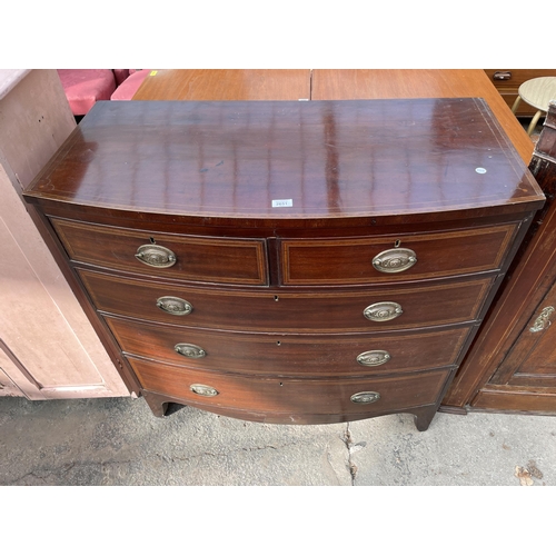 2651 - A 19TH CENTURY MAHOGANY INLAID BOW FRONTED CHEST OF TWO SHORT AND THREE LONG GRADUATED DRAWERS 40