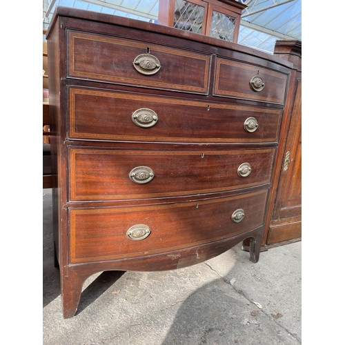 2651 - A 19TH CENTURY MAHOGANY INLAID BOW FRONTED CHEST OF TWO SHORT AND THREE LONG GRADUATED DRAWERS 40