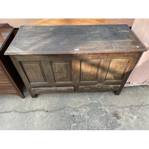 2653 - A GEORGE III OAK LANCASHIRE CHEST WITH FOUR PANEL FRONT BEARING INITIALS SI