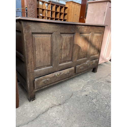 2653 - A GEORGE III OAK LANCASHIRE CHEST WITH FOUR PANEL FRONT BEARING INITIALS SI