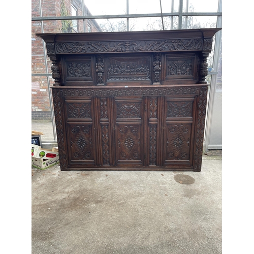 2655 - AN OAK GEORGE III STYLE COURT CUPBOARD WITH CARVED PANELS, THREE DEPICTING THE BIRTH AND CRUCIFIXION... 