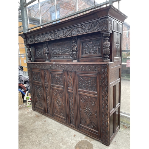 2655 - AN OAK GEORGE III STYLE COURT CUPBOARD WITH CARVED PANELS, THREE DEPICTING THE BIRTH AND CRUCIFIXION... 