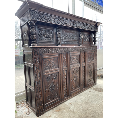 2655 - AN OAK GEORGE III STYLE COURT CUPBOARD WITH CARVED PANELS, THREE DEPICTING THE BIRTH AND CRUCIFIXION... 