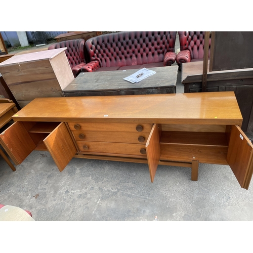 2657 - A RETRO TEAK SIDEBOARD ENCLOSING THREE DRAWERS AND FOUR CUPBOARDS BEARING TIMES FURNISHINGS LABEL