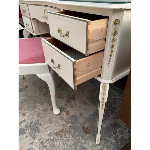 2664 - A CREAM AND GILT DRESSING TABLE WITH SIMILAR DRESSING STOOL