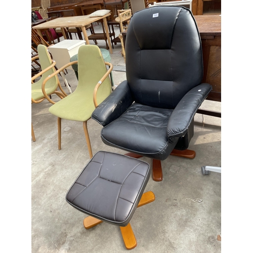 2679 - A FAUX BLACK LEATHER SWIVEL RECLINING CHAIR AND STOOL