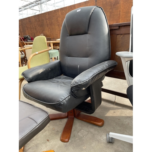 2679 - A FAUX BLACK LEATHER SWIVEL RECLINING CHAIR AND STOOL