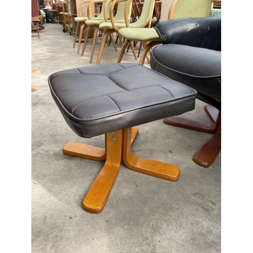 2679 - A FAUX BLACK LEATHER SWIVEL RECLINING CHAIR AND STOOL