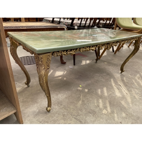 2681 - AN ONYX EFFECT COFFEE TABLE ON BRASS CABRIOLE LEGS