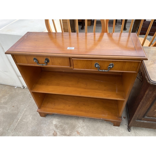 2687 - A YEW WOOD OPEN BOOKCASE WITH TWO FRIEZE DRAWERS 30