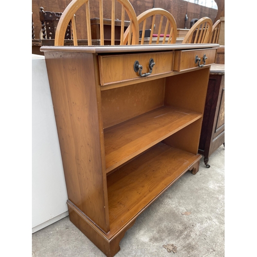 2687 - A YEW WOOD OPEN BOOKCASE WITH TWO FRIEZE DRAWERS 30