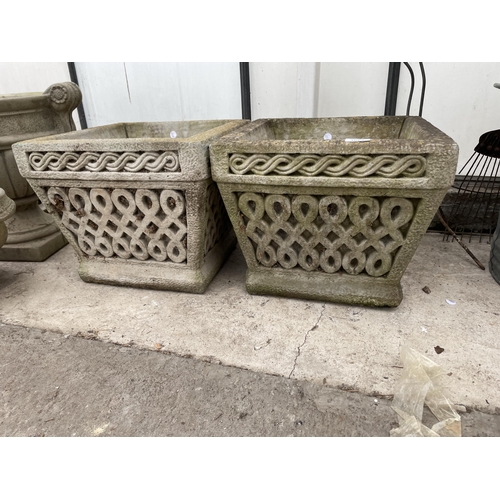 1662 - A PAIR OF DECORATIVE SQUARE CONCRETE GARDEN PLANTERS