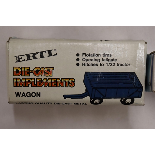 374 - A QUANTITY OF BOXED ERTL, DIE-CAST IMPLEMENTS, TO INCLUDE WAGONS AND PLOWS - 6 IN TOTAL