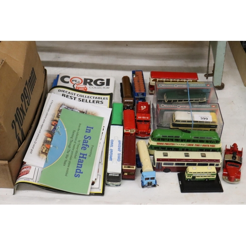 399 - A QUANTITY OF 1/76 SCALE MODEL BUSES, LORRIES, FIRE ENGINES, CORGI, ETC AND MODEL CATALOGUES