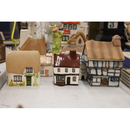 802 - A MIXED LOT TO INCLUDE STAFFORDSHIRE FLATBACKS, CERAMIC CLOWNS, MODEL HOUSES, ETC.,