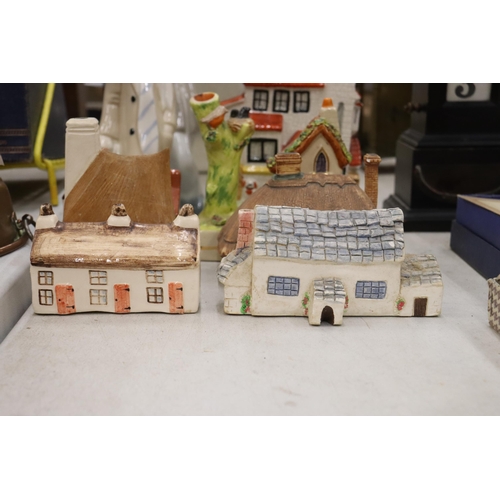 802 - A MIXED LOT TO INCLUDE STAFFORDSHIRE FLATBACKS, CERAMIC CLOWNS, MODEL HOUSES, ETC.,