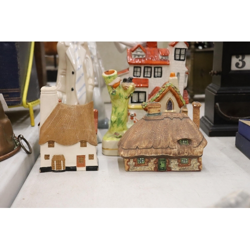 802 - A MIXED LOT TO INCLUDE STAFFORDSHIRE FLATBACKS, CERAMIC CLOWNS, MODEL HOUSES, ETC.,