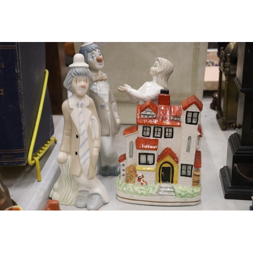 802 - A MIXED LOT TO INCLUDE STAFFORDSHIRE FLATBACKS, CERAMIC CLOWNS, MODEL HOUSES, ETC.,