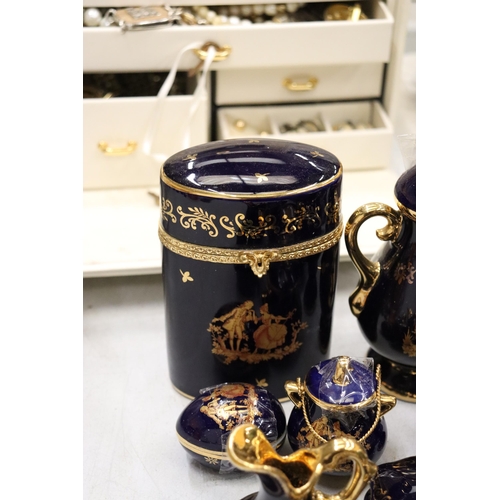 826 - A QUANTITY OF LIMOGES FRANCE PORCELAIN TO INCLUDE A HINGED COBALT BLUE JAR, TRINKET DISH, JUG, PIN D... 