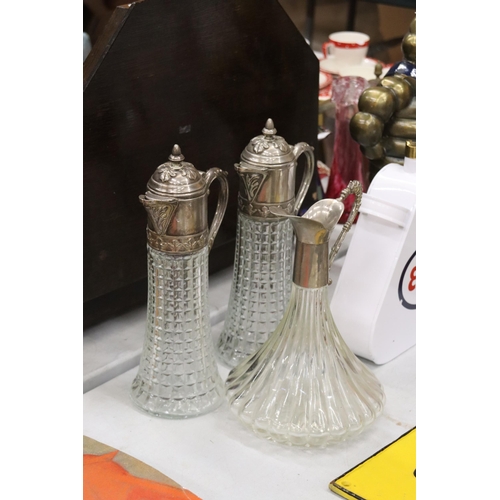 852 - TWO VINTAGE CLARET JUGS WITH SILVER PLATED TOPS PLUS A BELL BOTTOM DECANTER MISSING FINIAL