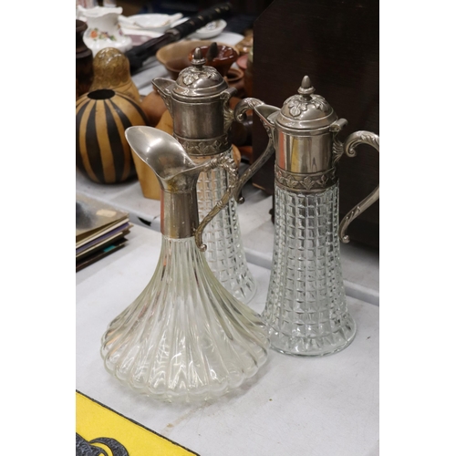 852 - TWO VINTAGE CLARET JUGS WITH SILVER PLATED TOPS PLUS A BELL BOTTOM DECANTER MISSING FINIAL