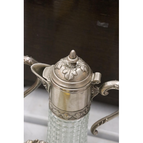 852 - TWO VINTAGE CLARET JUGS WITH SILVER PLATED TOPS PLUS A BELL BOTTOM DECANTER MISSING FINIAL