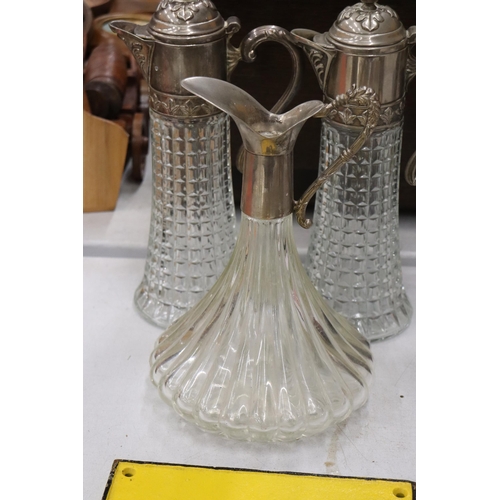 852 - TWO VINTAGE CLARET JUGS WITH SILVER PLATED TOPS PLUS A BELL BOTTOM DECANTER MISSING FINIAL