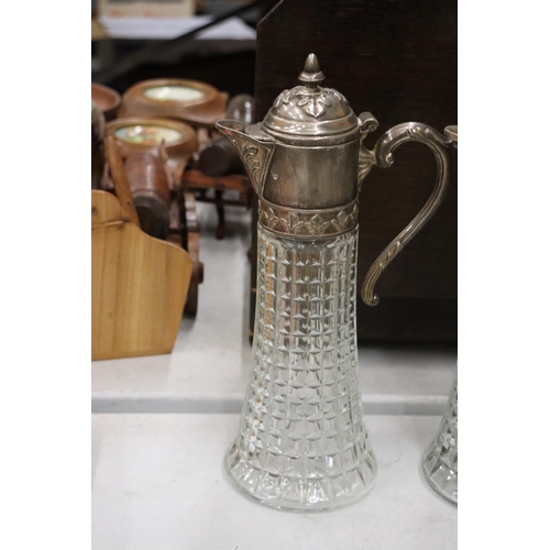 852 - TWO VINTAGE CLARET JUGS WITH SILVER PLATED TOPS PLUS A BELL BOTTOM DECANTER MISSING FINIAL