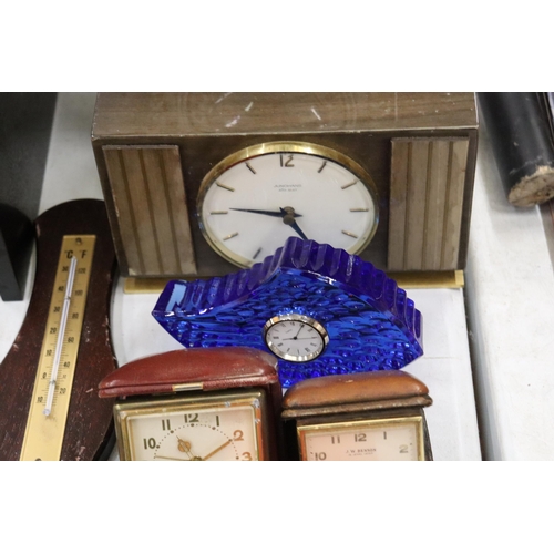 858 - SEVEN VINTAGE CLOCKS AND A BAROMETER