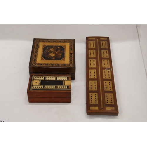 874 - TWO CRIBBAGE BOARDS TOGETHER WITH A TUNBRIDGE WARE BOX