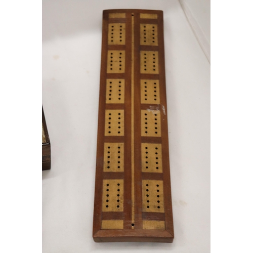 874 - TWO CRIBBAGE BOARDS TOGETHER WITH A TUNBRIDGE WARE BOX