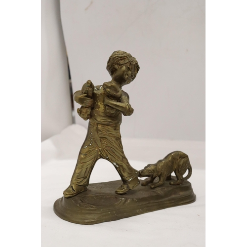 875 - A BRASS FIGURE OF A BOY WITH PUPPY DOGS, HEIGHT 20CM, WIDTH 20CM TOGETHER WITH A BRASS LADEL AND A B... 