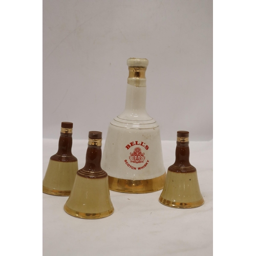 887 - ONE LARGE AND THREE SMALL, BELL'S WHISKY CERAMIC DECANTERS