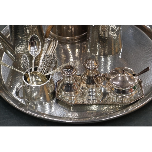 894 - A PEWTER TRAY, COFFEE POT AND HOT WATER JUG, PLUS A SILVER PLATED COFFEE POT, CRUET SET, MUSTARD POT... 