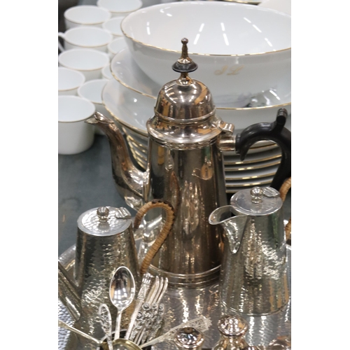 894 - A PEWTER TRAY, COFFEE POT AND HOT WATER JUG, PLUS A SILVER PLATED COFFEE POT, CRUET SET, MUSTARD POT... 