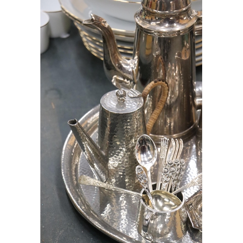 894 - A PEWTER TRAY, COFFEE POT AND HOT WATER JUG, PLUS A SILVER PLATED COFFEE POT, CRUET SET, MUSTARD POT... 