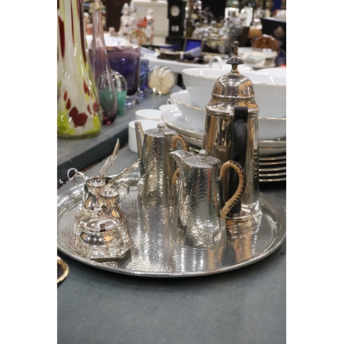 894 - A PEWTER TRAY, COFFEE POT AND HOT WATER JUG, PLUS A SILVER PLATED COFFEE POT, CRUET SET, MUSTARD POT... 