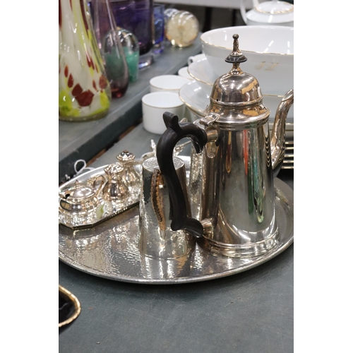 894 - A PEWTER TRAY, COFFEE POT AND HOT WATER JUG, PLUS A SILVER PLATED COFFEE POT, CRUET SET, MUSTARD POT... 