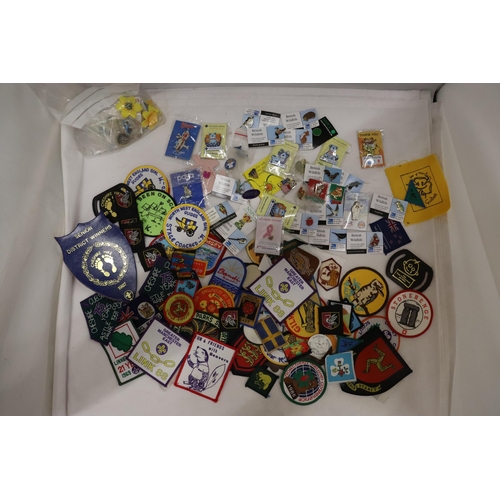 900 - A LARGE COLLECTION OF CLOTH AND PIN BADGES TO INCLUDE GIRL GUIDES, BEAVERS, HOLIDAY DESTINATIONS, ET... 