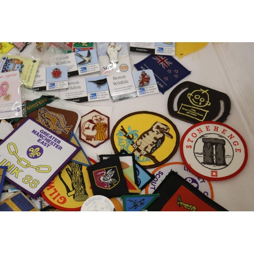 900 - A LARGE COLLECTION OF CLOTH AND PIN BADGES TO INCLUDE GIRL GUIDES, BEAVERS, HOLIDAY DESTINATIONS, ET... 