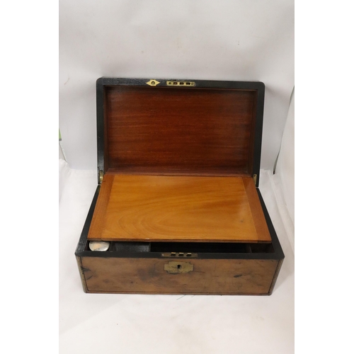 902 - A BRASS BOUND WRITING BOX WITH SECRET DRAWERS, LEATHER TOOLED SLOPE WITH ONE INKWELL