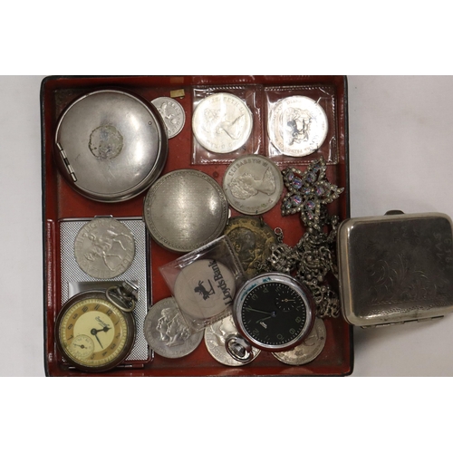 910 - A QUANTITY OF COSTUME JEWELLERY TO INCLUDE POCKET WATCHES IN NEED OF REPAIR, RINGS, PENDANTS, COINS,... 