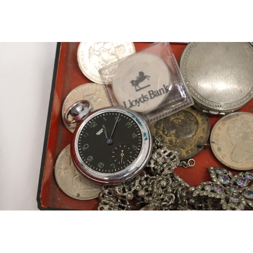 910 - A QUANTITY OF COSTUME JEWELLERY TO INCLUDE POCKET WATCHES IN NEED OF REPAIR, RINGS, PENDANTS, COINS,... 