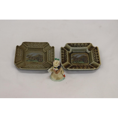 927 - TWO VINTAGE WADE IRISH PORCELAIN ASHTRAYS/DISHES, PLUS A WADE FLUFFY THE CAT