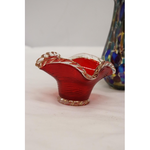 929 - TWO PIECES OF VINTAGE CRANBERRY GLASS BOWLS PLUS TWO ART GLASS VASES