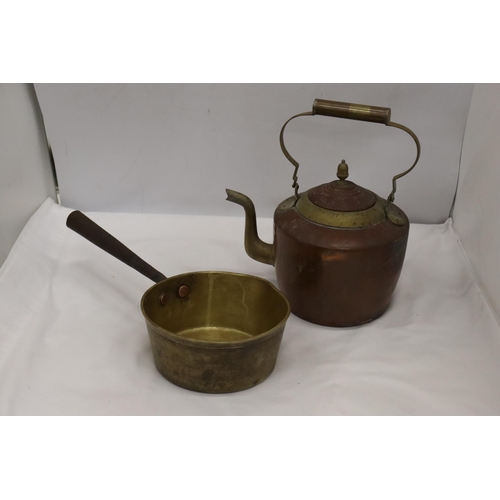 931 - A HEAVY BRASS SAUCEPAN AND A COPPER AND BRASS KETTLE