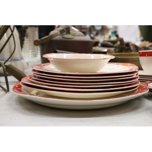 933 - A STYLECRAFT, 'MIDWINTER', STAFFORDSHIRE RED AND WHITE TEASET TO INCLUDE PLATES, CUPS AND SAUCERS PL... 