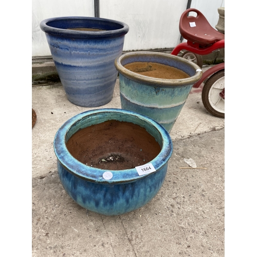 1664 - THREE VARIOUS BLUE GLAZED TERRACOTTA PLANT POTS