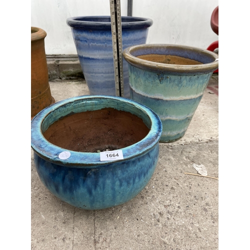 1664 - THREE VARIOUS BLUE GLAZED TERRACOTTA PLANT POTS